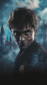 Young male figure stands before gothic towers in dense fog