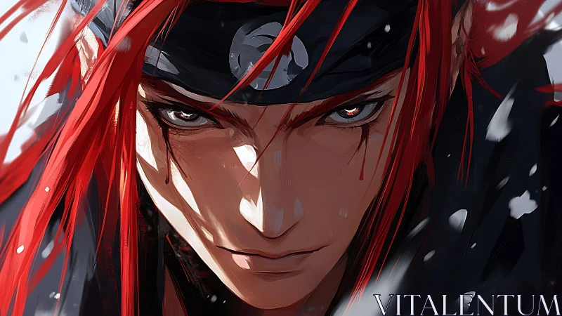 Red-haired warrior stares ahead through swirling snowstorm.