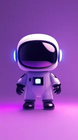 Cute stylized astronaut glows in neon purple studio light.