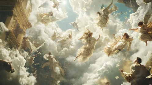 Sunlit Angels Dancing Through Storybook Skies of Gold.