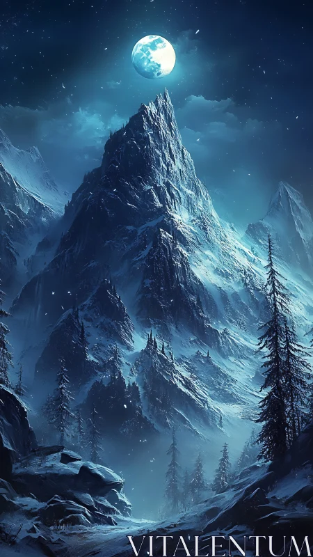 Moonlit frostspire mountain under a dreaming winter sky.