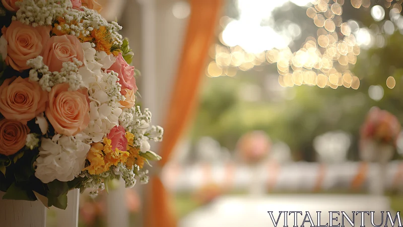 Soft rose bouquet at outdoor event with warm bokeh lighting.
