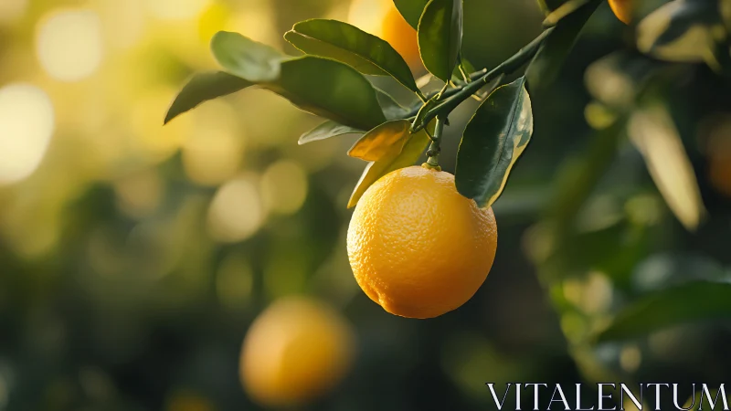 Single ripe lemon hanging on leafy branch in sunlight.