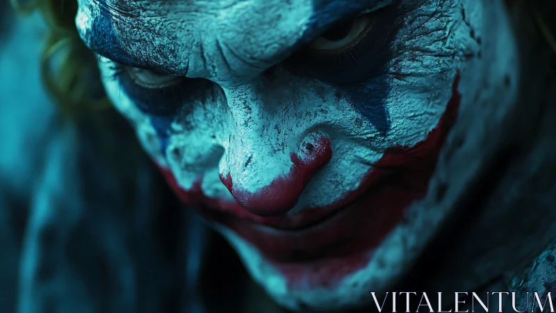 Sinister clown close-up under harsh teal cinematic light.