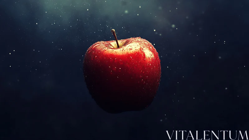 Red apple suspended against dark, softly lit background.