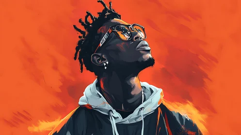 Digital portrait of man in hoodie against vivid orange field.