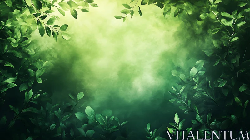 Radial leaf vignette frames diffused green atmospheric glow