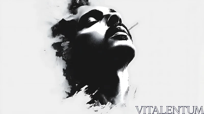 Monochrome portrait of upward gazing face in ink wash.