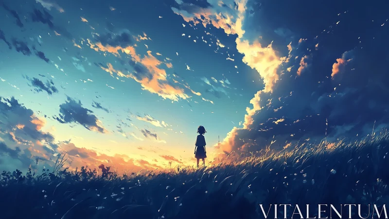 Evening sky opens wide as a lone child gazes toward light