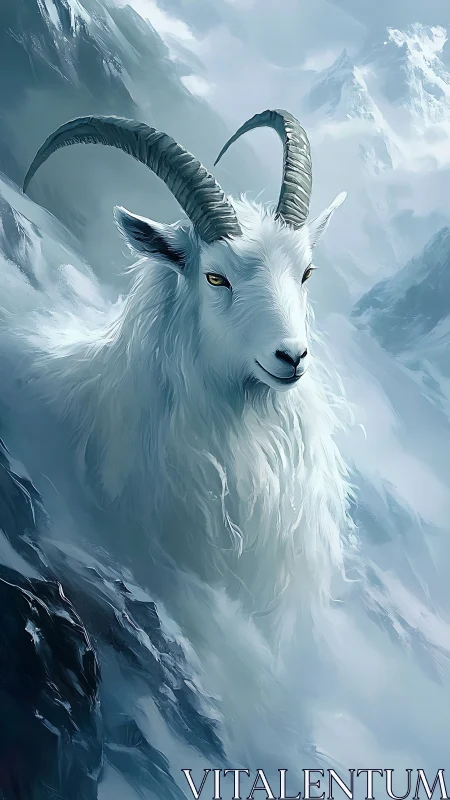 Snowborn mountain goat crowned in mist and silent peaks.