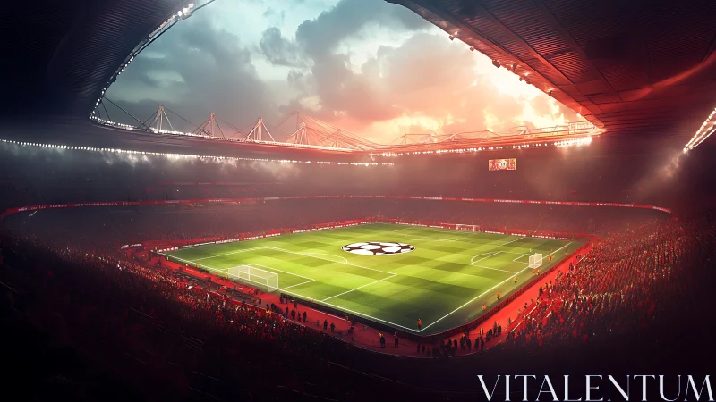 Floodlit football stadium glows warmly under a dramatic evening sky