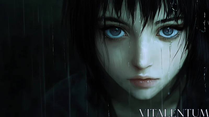 Rain-soaked blue-eyed portrait in hyperreal anime style.