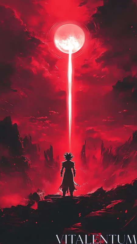 Lone warrior greets a blazing red moon with rising power