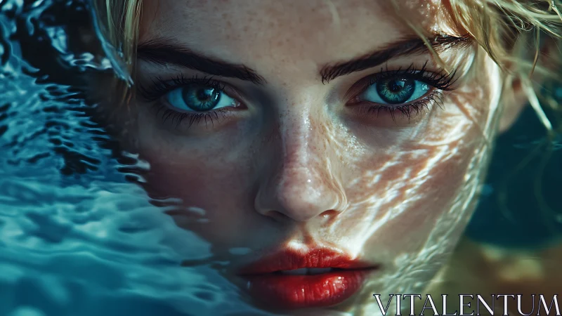 Intense blue-eyed female face emerging from rippling water.