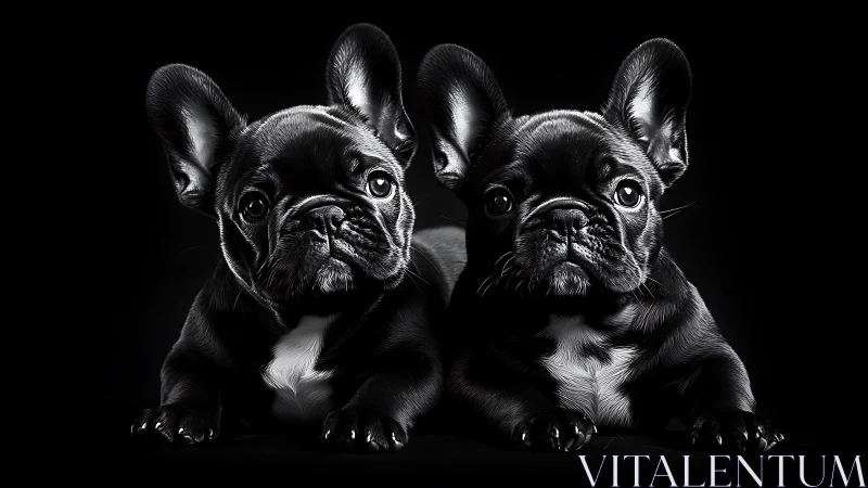 Twin French bulldog puppies glow softly against black