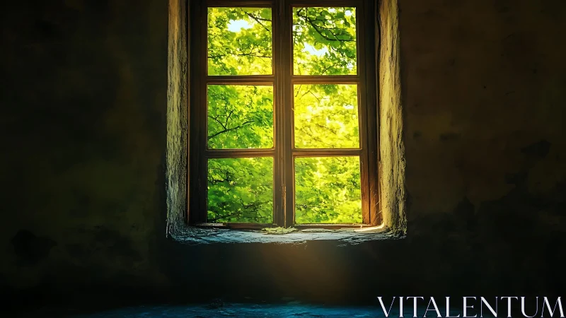 Sunlit wooden casement window framing verdant leafy canopy