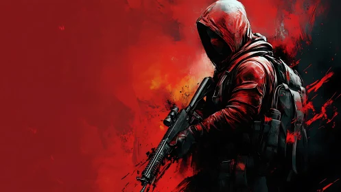Hooded sniper stalks through blood-red abstract chaos.