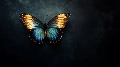 Luminous butterfly spreads iridescent wings on dark void.