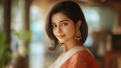 Soft portrait lighting isolates saree-clad woman with shallow depth