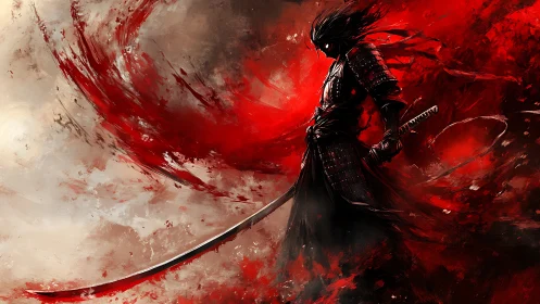Armored swordsman silhouette amid red abstract motion field.