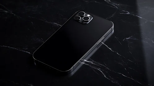 Premium smartphone with triple-lens camera array positioned on black marble surface.