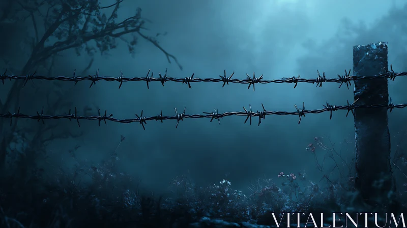 Moonlit barbed wire hums quietly over a misty border