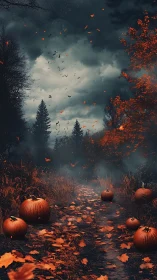 Autumn forest path with pumpkins under overcast sky.