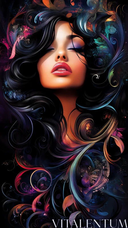 Chromatic vector portrait with swirling fractal hair morphology.