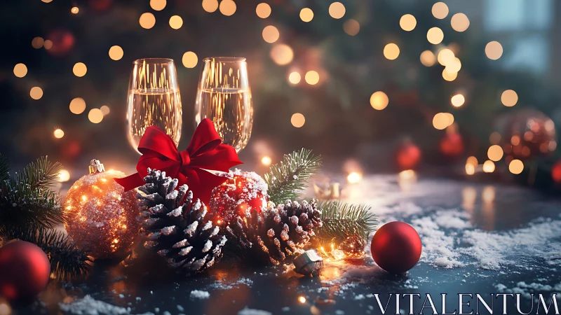 Festive Christmas still life with champagne and ornaments.