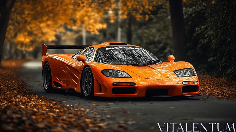 Orange sports car on forest road in autumn foliage scene.