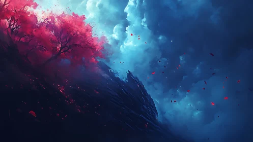 Crimson treeline rising against storm-lit cyan clouds.