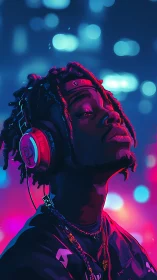 Neon city listener crowned in midnight magenta glow.