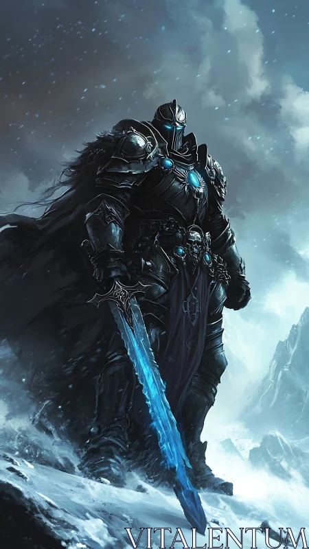 Frostbound warlord stands crowned in stormlit frozen silence.