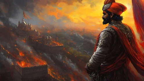 Ember-crowned warrior studies a burning citadel at dusk