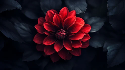 Luminous Crimson Dahlia with Layered Petals Against Dark Atmospheric Background
