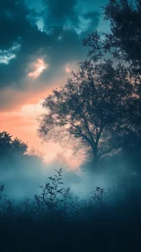 Foggy treeline silhouette under contrasting dusk sky.