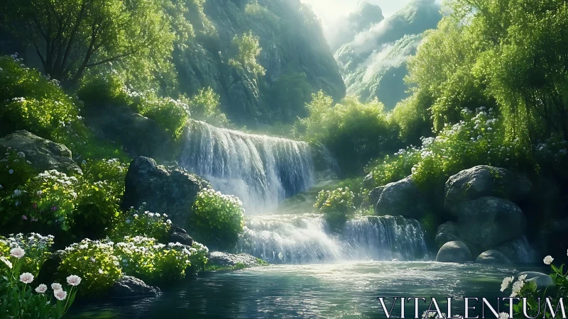 Sunlit forest waterfall inviting you into a quiet green haven.