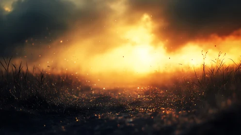 Sunlit embers drift above a misty path at burning dusk