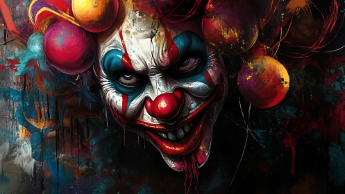 Vivid eerie clown portrait glowing in bold carnival color.