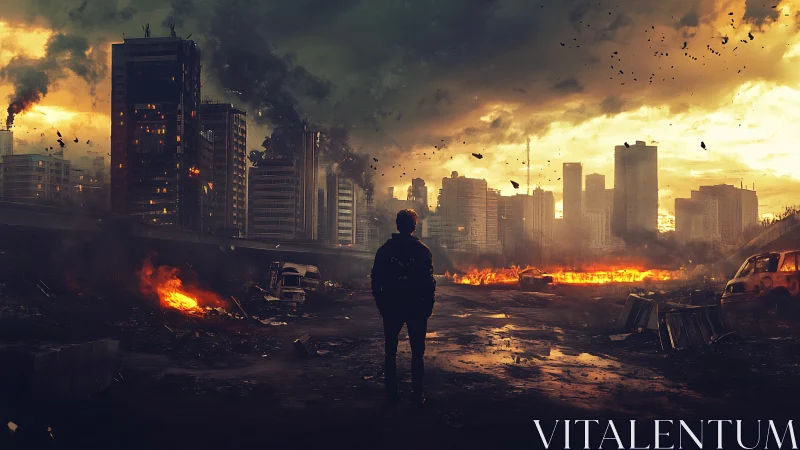 Solitary figure in burning urban skyline at dusk.