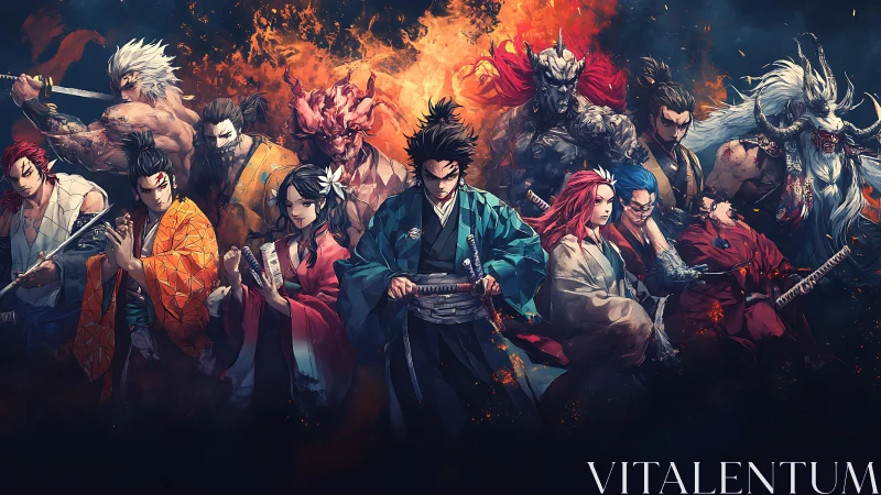 Samurai warriors and demonic figures in flaming battle line.