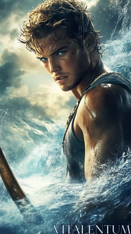Wet, muscular man grips oar while storm waves crash around him