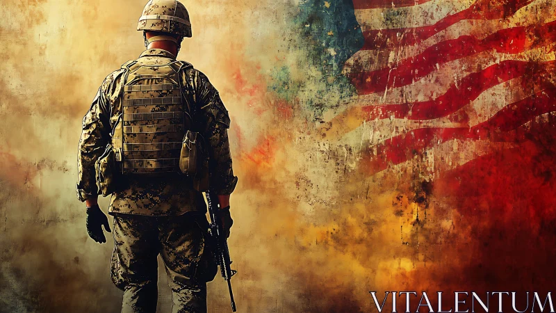 Modern soldier silhouette before abstract US flag mural.