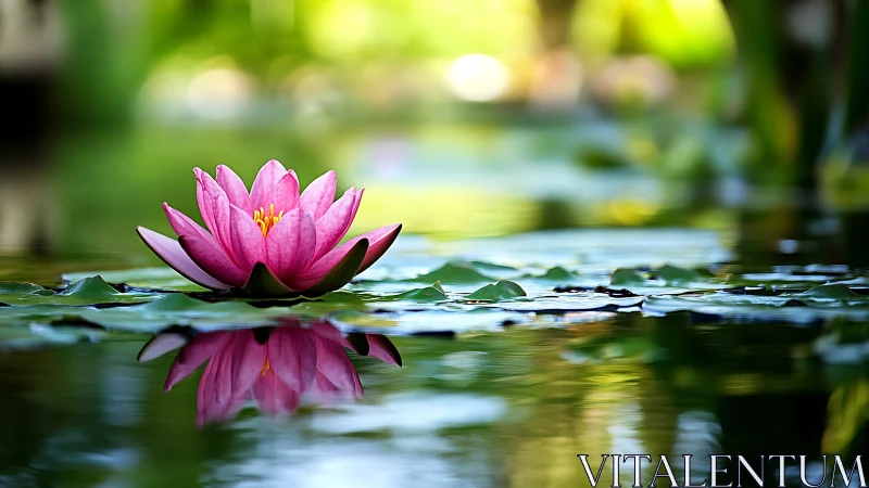 Macro depth-of-field study of pink water lily and reflective pond