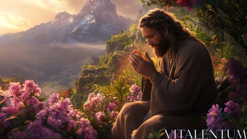 Mountain dawn kneels beside blooming prayers of soft light