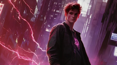 Young male figure stands in neon lit urban alleyway at night