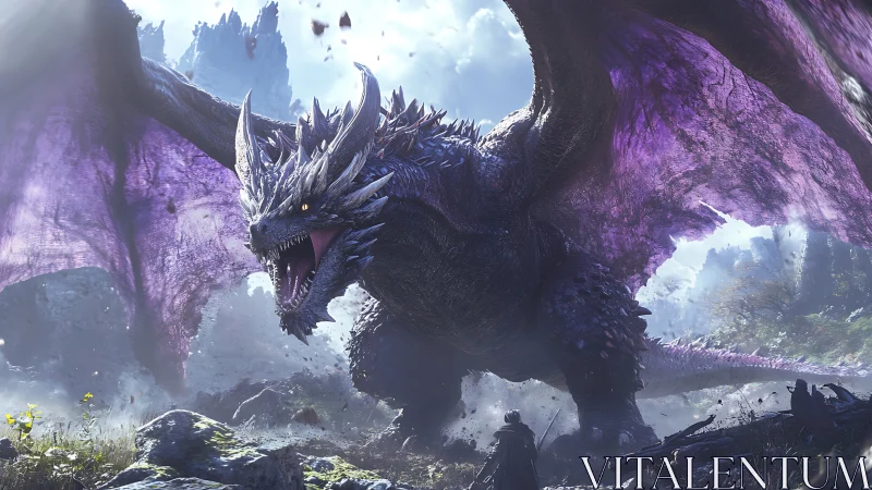 Colossal amethyst-winged dragon confronting lone armored figure.