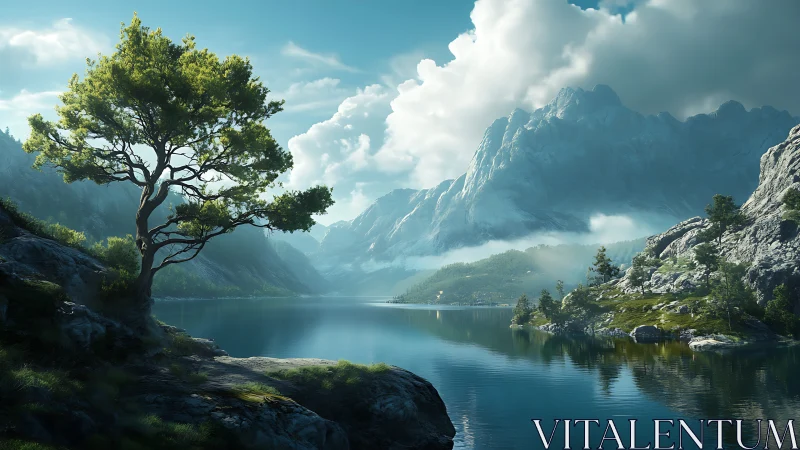 Solitary lakeside tree against sharp blue mountain range.