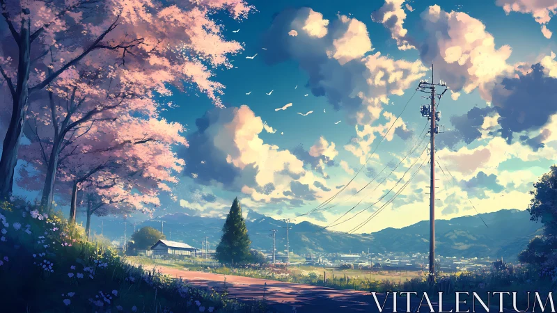 Pastel cherry road under daydream-thick drifting clouds.