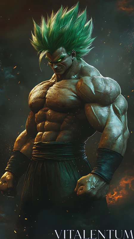 Muscular green-haired warrior stands in burning smoke.